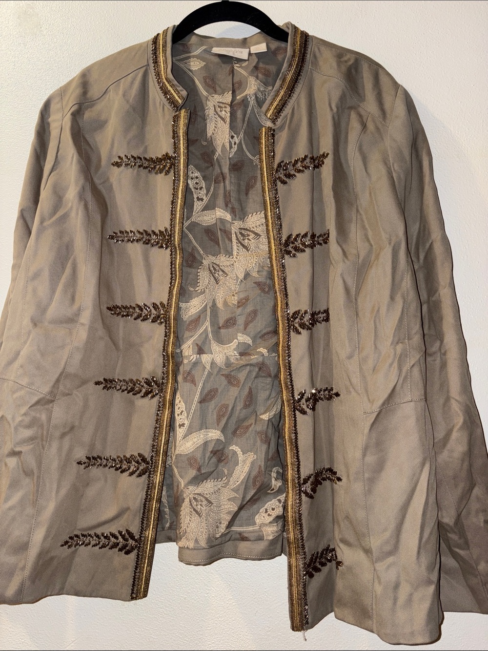 Chico's size 3 Olive Green Embroidered Open-Front Jacket with Gold Trim
